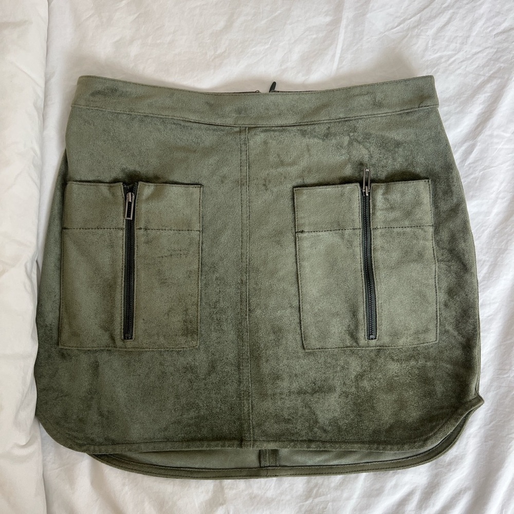 BCBG military green suede mini skirt